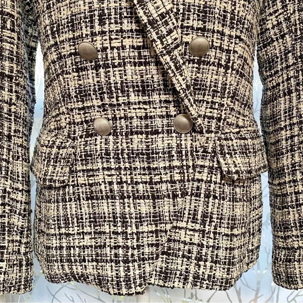 L’AGENCE KENZIE BLACK WHITE TWEED DOUBLE BREASTED BUTTON UP BLAZER JACKET - Picture 4 of 16